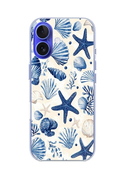 Apple Uyumlu iPhone 16  Mavi Deniz Kabuğu Ve Yıldız Desenli Baskılı Silikon Kılıf Renkli