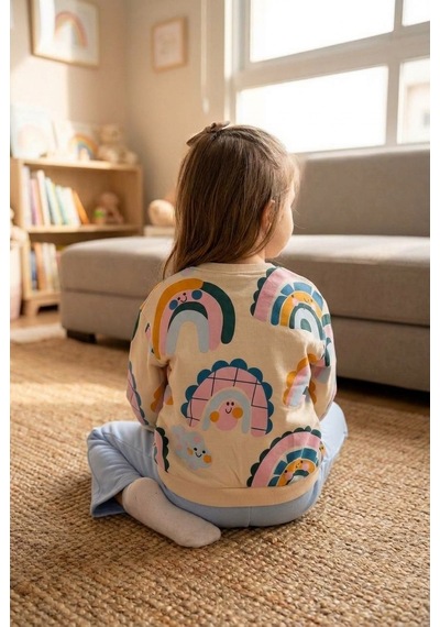 Ahengim Kız Çocuk Gökkuşağı Desenli Sweatshirt 2 Li Alt Üst Takım Ak15636 Mavi