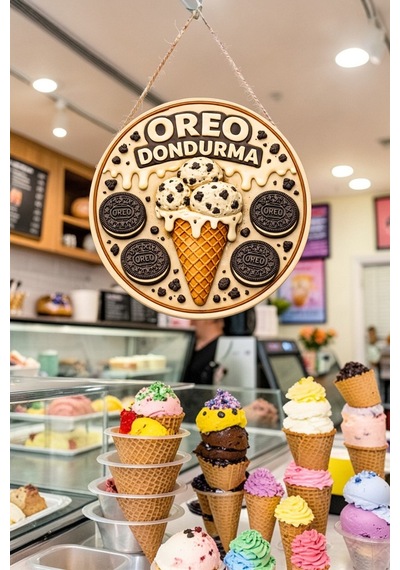 Dondurma Görselli İpli Ahşap Kapı Ve Duvar Süsü, Cafe, Dondurmacı Tabelası, Tatlıcı Dekoru