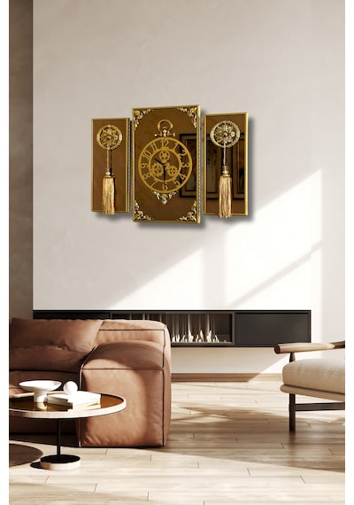 3lü Gold Dikdörgen Aynalı Çerçeveli Püsküllü Duvar Saati Takımı, Wall Clock, Hediye, Ms38-1