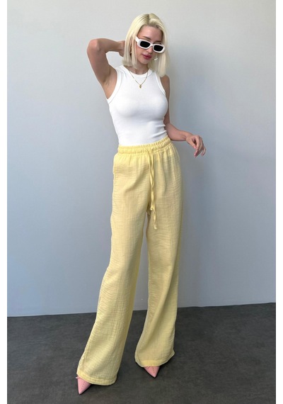 Madmext Sarı Bol Paça Müslin Kadın Pantolon Mg1980 Sarı