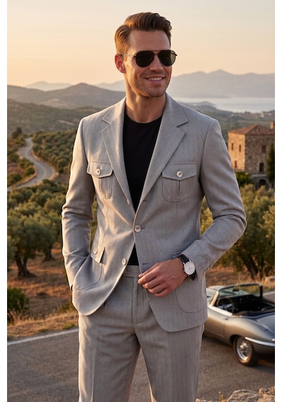 Deepsea Erkek Gri Safari Ceketli Slim Fit 2'li Takım Elbise Pileli Duble Paça Pantolon 2600723 Deepsea Erkek Gri Safari Ceketli Slim Fit 2'li Takım Elbise Pileli Duble Paça Pantolon 2600723