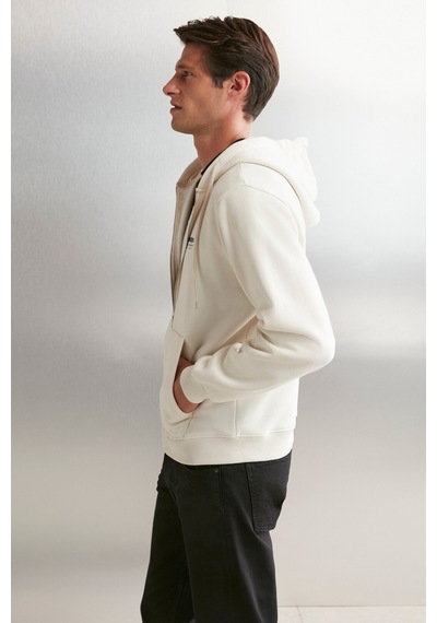 Grimelange Aksel Erkek Yumuşacık Organik Pamuk Oversize Fermuarlı Baskılı Kapüşonlu Taş Rengi Sweatshirt