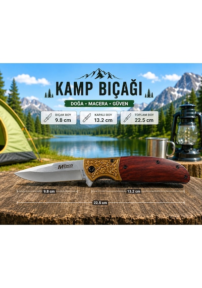 M Tech Kamp Bıcağı Çakı Şık Tasarım Ahşap Saplı Gold İşlemeli Antrasit