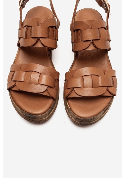 Luvishoes Elvoro Taba Hakiki Deri Örgü Bantlı Kadın Sandalet