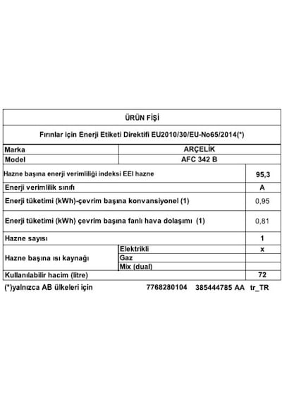Arçelik Afc 342 B A FRY 72 L Ankastre Fırın