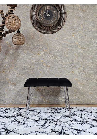 Zafir Metal Krom Tel Ayaklı 60 Cm Puf Bench - Puf - Bench - Oturak - Mutfak Oturağı - Antre Oturağı Siyah