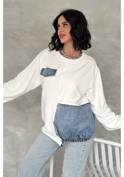Femelle Kadın Beyaz Kot Detaylı Tasarım Sweatshirt