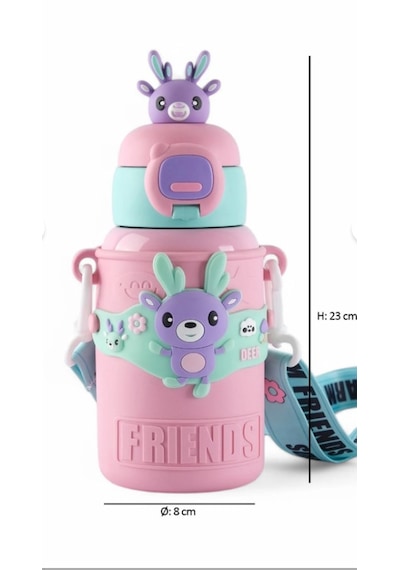 Denizhomecollection 450ml 316 Paslanmaz Çelik Çocuk Termosu, Karikatür Hayvanlar Öğrenci Termosu 1 Kat Pembe