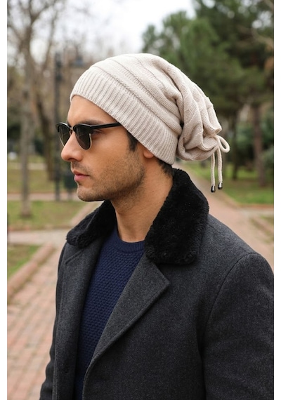 Ritagarcia Unisex Arkası İpli Büzgülü Triko Bere Kışlık Dökümlü Slouchy Beanie Bere Taş Rengi