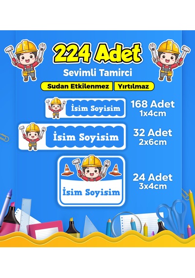 Sevimli Tamirci Usta Temalı Okul Kreş Kişiye Özel İsim Etiket Seti - Model 254 Çok Renkli