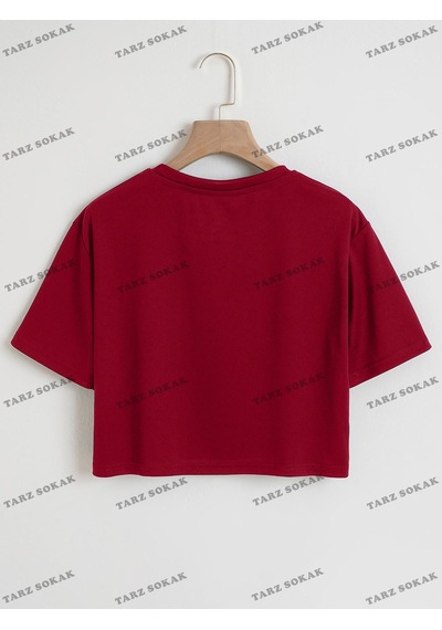 Flood Of Style Crop Ckod-232913 Kalp Desenli Kısa Bordo
