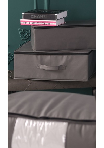 3'lü Set 53x44x21 Cm Baza Altı & Dolap Içi Organizer, Yorgan & Yastık Düzenleyici Hurç Antrasit Gri