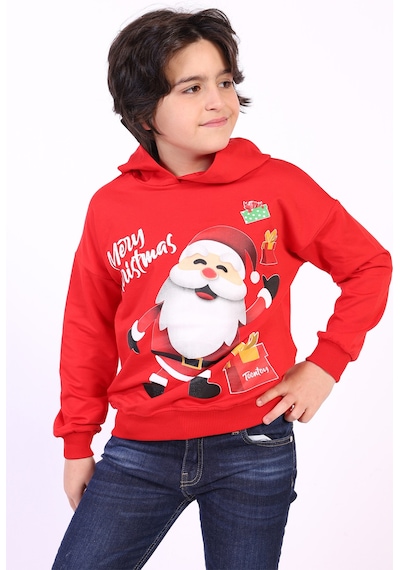 Toontoy Unısex Çocuk Noel Baba Baskılı Sweatshirt Kırmızı