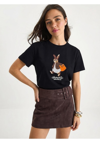 Shade Kadın Rabbit Nakışlı İşlemeli Bisiklet Yaka Basic T-shirt 7532 60283953 - Siyah