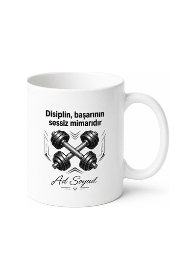 İsimli Dambıl Desenli Baskılı Kupa Bardak Spor Hediye Fitness Özel Tasarım Beyaz / Çok Renkli