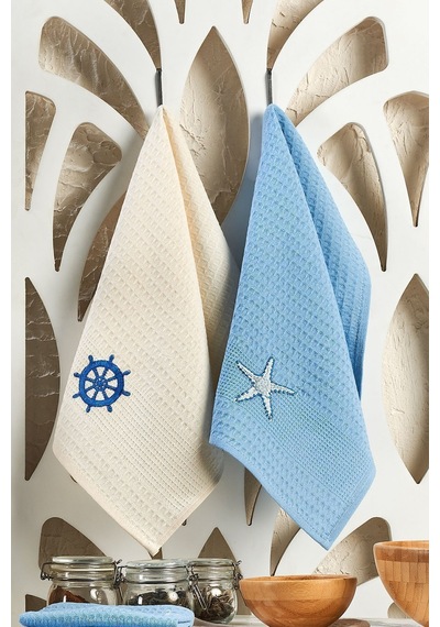 Eponj Home 6lı Kurulama Peçetesi Nakışlı 40x60 Marin Krem-mavi