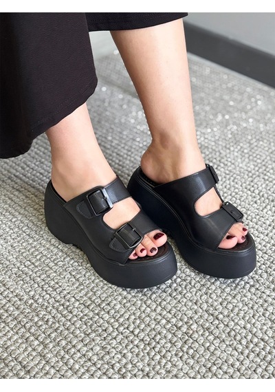 Asmi Shoes Kadın Wera Siyah İki Tokalı Kalın Taban Ortopedik Sandalet&terlik