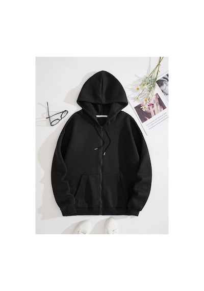Tarzsokak Slogan Graphic Zip Up Drawstring Lined Hoodie Siyah