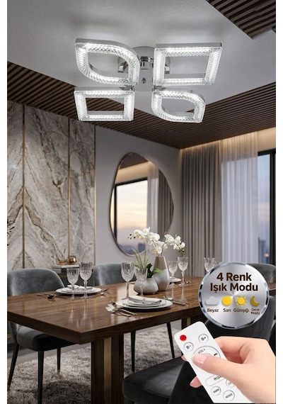 LumiaLighting Vesta Model Gümüş 4"lü Kumandalı Ledli 3 Renk Modu Kristal Salon Mutfak Yatak Çocuk Odası Avize