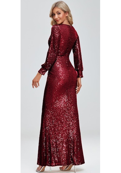 Hanife Glam Couture Hanife Glam Uzun Kollu Kruvaze Yaka Pullu Abiye Elbise Bordo