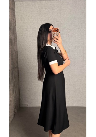 Etiler Collection Kadın Polo Yaka Fermuar Detaylı Modal Midi Elbise Siyah