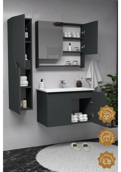 Teta Home Napoli 80 Cm Mdf Banyo Dolabı Seti + Boy Dolabı Antrasit Antrasit