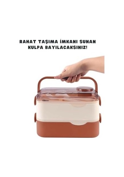 Bento 1350ml Lunchbox 2 Katlı 3 Bölmeli Ve Sosluklu Çelik Sefer Tası Yemek Kutusu Çatal Kaşık Hediyeli Lacivert Bakır