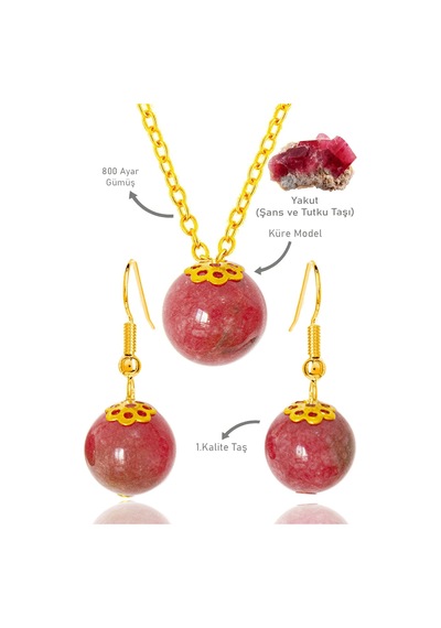 Sertifikalı Gold Küre Model Yakut Taşı Kolye Ve Küpe Seti - Gümüş Çok Renkli