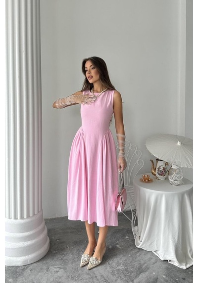 Etiler Collection Pembe Yanları Büzgülü Midi Boy Keten Elbise Pembe
