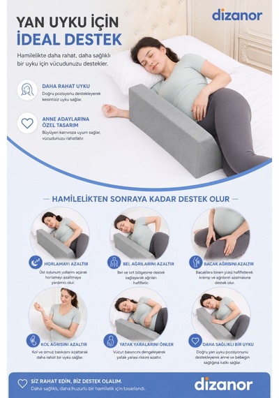Dizanor Hamile Yan Uyku Destek Yastığı 2 Parça Ayarlanabilir Gebelik Minderi Yıkanabilir Kılıflı
