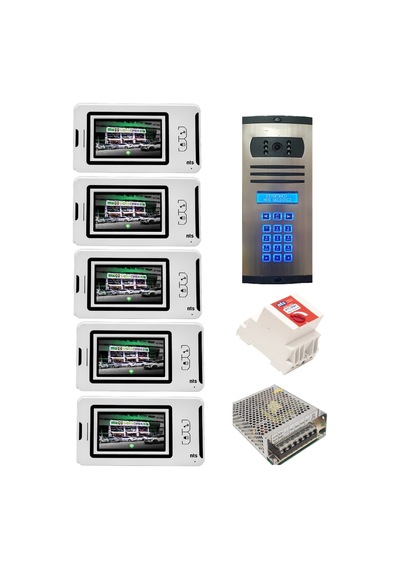 5 Daire Nts 2001-b 4,3'' Görüntülü Diafon Beyaz-8003 Tuş Takımlı Şifreli Zil Panelli Set