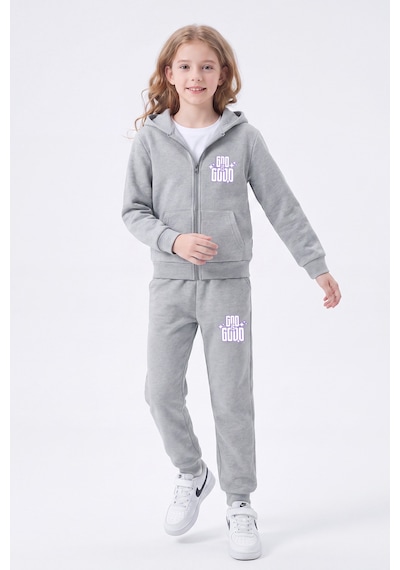Fyk Kids 3 İplik Kız Çocuk Baskılı Kapüşonlu Fermuarlı Eşofman Takımı Gri