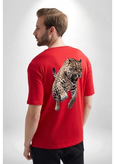 Jaguar Sırtından Çıkan Kırmızı Oversize Unisex Ön Ve Sırt Baskılı Tişört Kırmızı