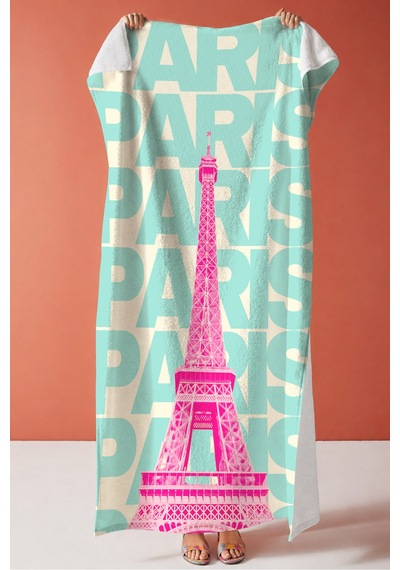Paris Temalı Şehir Plaj Havlusu - Modern Pop Art Turkuaz Pembe Hızlı Kuruyan Mikrofiber Havlu Sedef Armut