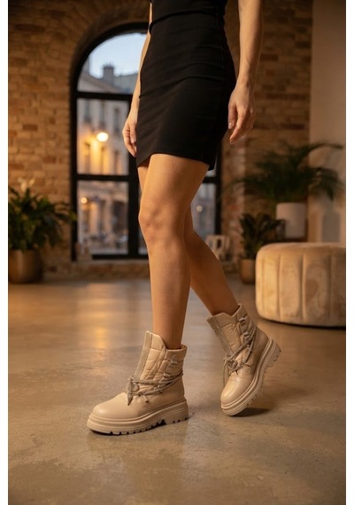 Shoetek Giza Kadın Kar Botu Taşlı Bağcıklı Paraşüt Kumaş Bej