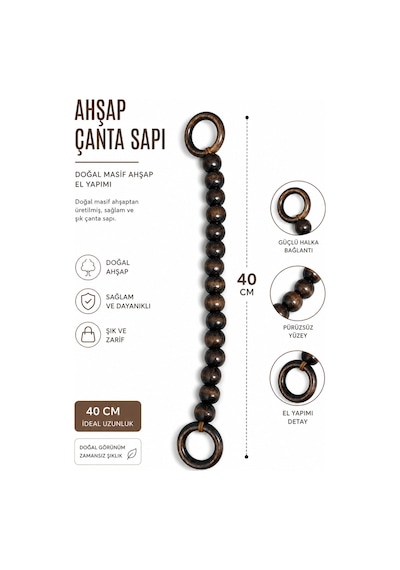 Vollen Yarn Doğal Masif Ahşap Çanta Sapı 40 Cm El Yapımı Boncuklu Çanta Kulpu Dayanıklı Çanta Aksesuarı Kahverengi
