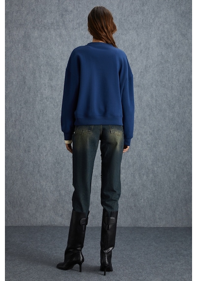 Grimelange Vaneltına  Kadın Içi Polarlı 3 Iplik Organik Pamuk Oversize Basic Bisiklet Yaka Lacivert Sweatshirt