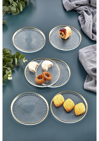 İliva 6'lı Cam Kek Pasta Tabağı Seti - Yaldızlı Lüks Pasta Takımı 16 CM