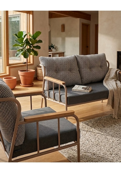 Paris 2+1+1 Metal Balkon Takımı Keten Dokulu Kumaş Cappuccino Metal - Bahçe Teras Oturma Grubu