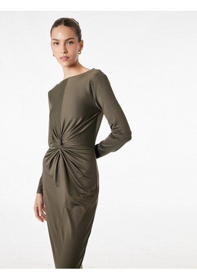 Koton Uzun Kollu Yuvarlak Yaka Midi Boy Drape Detaylı Elbise Haki 6sak80134ek