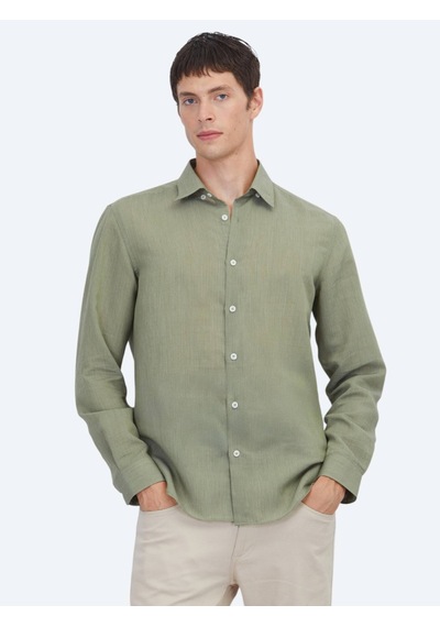 Kip Yeşil Çizgili Regular Fit Dokuma Casual Gömlek