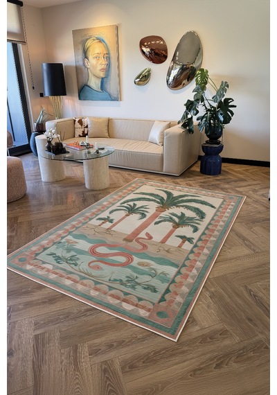 Palm 303 Yeşil Pembe Çok Renkli Halı Palmiyeli Makinada Yıkanabilir Modern Salon Oturma Odası Halısı Pembe Yeşil 3
