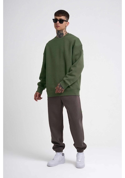 Barlashive Erkek Bisikilet Yaka 3 İplik Pamuklu Sweatshirt - Haki Çok Renkli