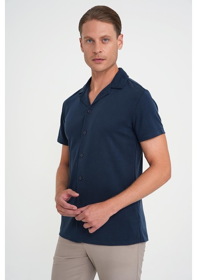 Efor Slim Fit Apaş Yaka Modal Karışımlı Kısa Kol Lacivert Gömlek G 1590 Lacivert