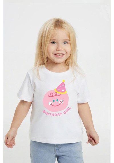 Monila Kız Çocuk Pamuklu Bisiklet Yaka Baskılı T-shirt Ekru - Pembe