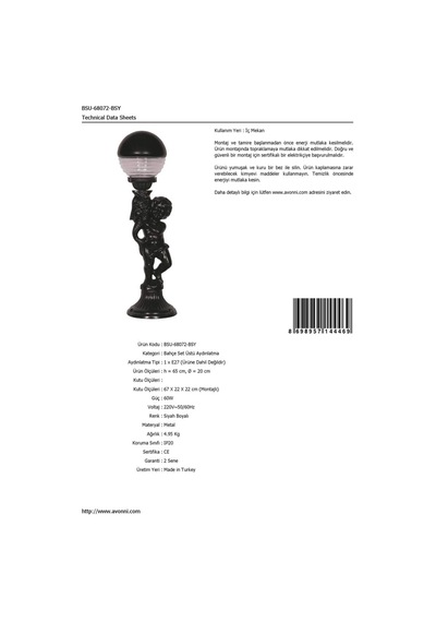 Avonnı Bsu-68072-bsy Siyah Elektrostatik Toz Boyalı Dış Mekan Aydınlatma, E27, Aluminyum, Cam, 20cm Sku: Smgstkb94ea108e3 .