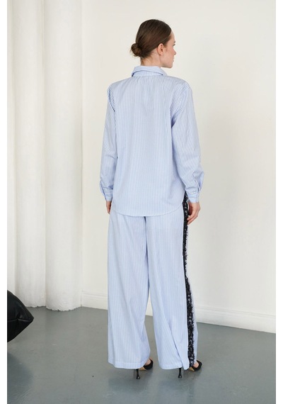 Verymoda Dantel Detaylı Çizgili Gömlek - F2082 Mavi