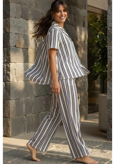 Relax Mode Kadın Mavi Çizgili Gömlek Pijama Takım - 26036r Beyaz