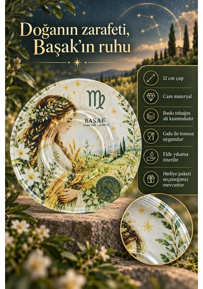 6 Lı Cam Çay Tabağı Başak Burcu Ve Doğa Temalı 6 Adet Çay Tabak Yeşil